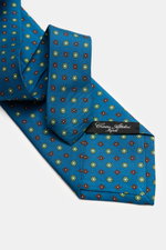 Cesare Attolini Silk tie 'Ventaglio' petrol/light green/orange patterned shown from above, featuring pure silk, floral pattern, Made in Italy, Width: 8.5 cm.