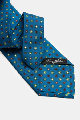 Cesare Attolini Silk tie 'Ventaglio' petrol/light green/orange patterned shown from above, featuring pure silk, floral pattern, Made in Italy, Width: 8.5 cm.