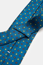 Cesare Attolini Silk tie 'Ventaglio' petrol/light green/orange patterned shown from a top-down close-up view, featuring pure silk, floral pattern, Made in Italy, Width: 8.5 cm.