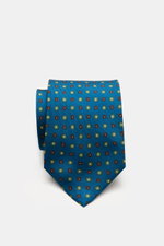Front view of Cesare Attolini Silk tie 'Ventaglio' petrol/light green/orange patterned with floral pattern, pure silk, Made in Italy, width 8.5 cm.