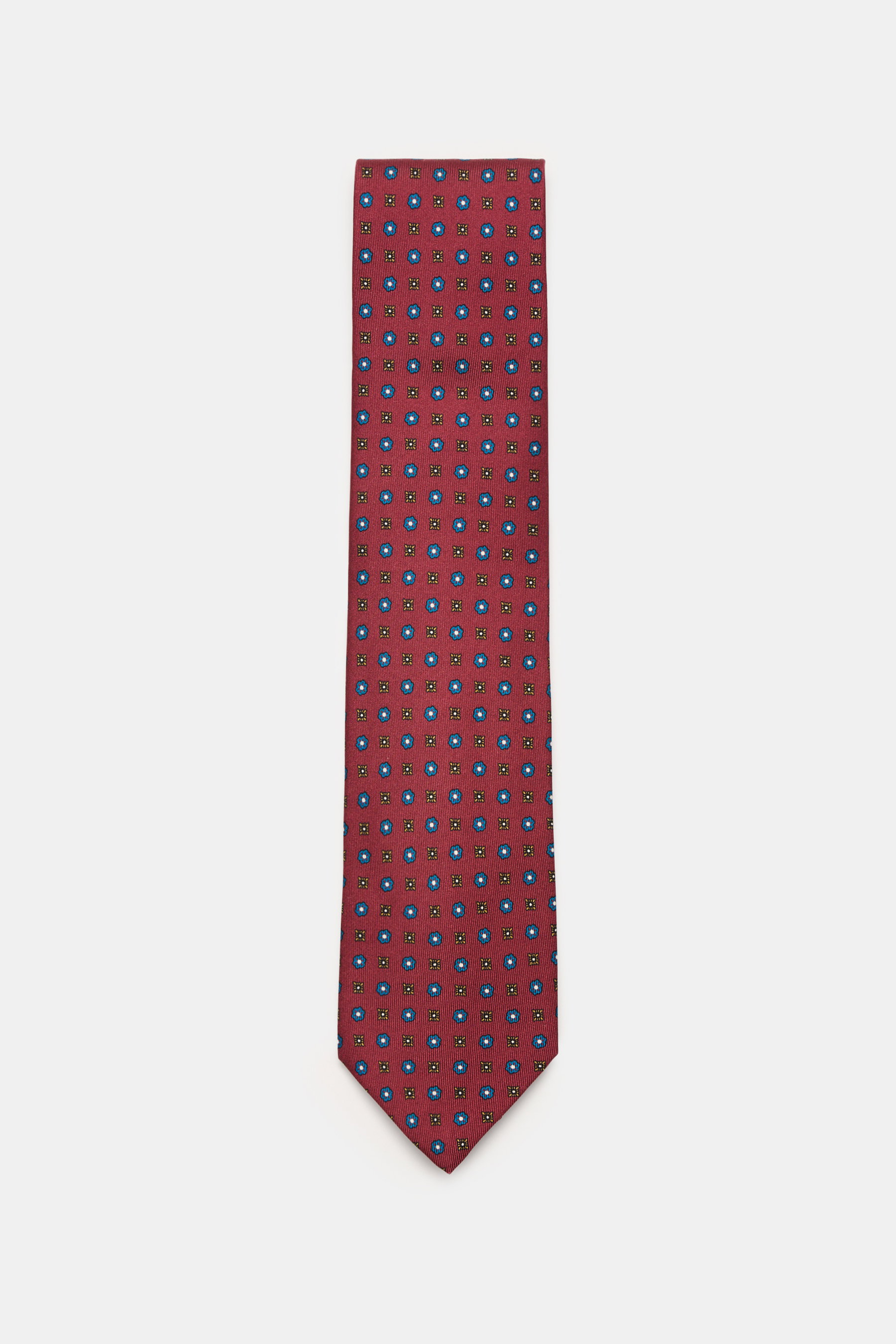Cesare Attolini Silk tie 'Ventaglio' bordeaux/petrol/yellow patterned with floral pattern, pure silk, Made in Italy, 8.5 cm wide, photographed from above.