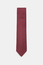 Cesare Attolini Silk tie 'Ventaglio' bordeaux/petrol/yellow patterned with floral pattern, pure silk, Made in Italy, 8.5 cm wide, photographed from above.
