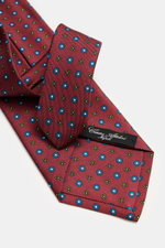 Cesare Attolini Silk tie 'Ventaglio' bordeaux/petrol/yellow patterned shown from a close-up top angle, pure silk, floral pattern, Made in Italy, Width: 8.5 cm.