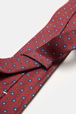 Cesare Attolini Silk tie 'Ventaglio' bordeaux/petrol/yellow patterned shown from top-down close-up, pure silk, floral pattern, Made in Italy, Width: 8.5 cm.