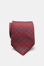 Cesare Attolini Silk tie "Ventaglio" bordeaux/petrol/yellow patterned, photographed from above showing pure silk with floral pattern, Made in Italy, Width: 8.5 cm.