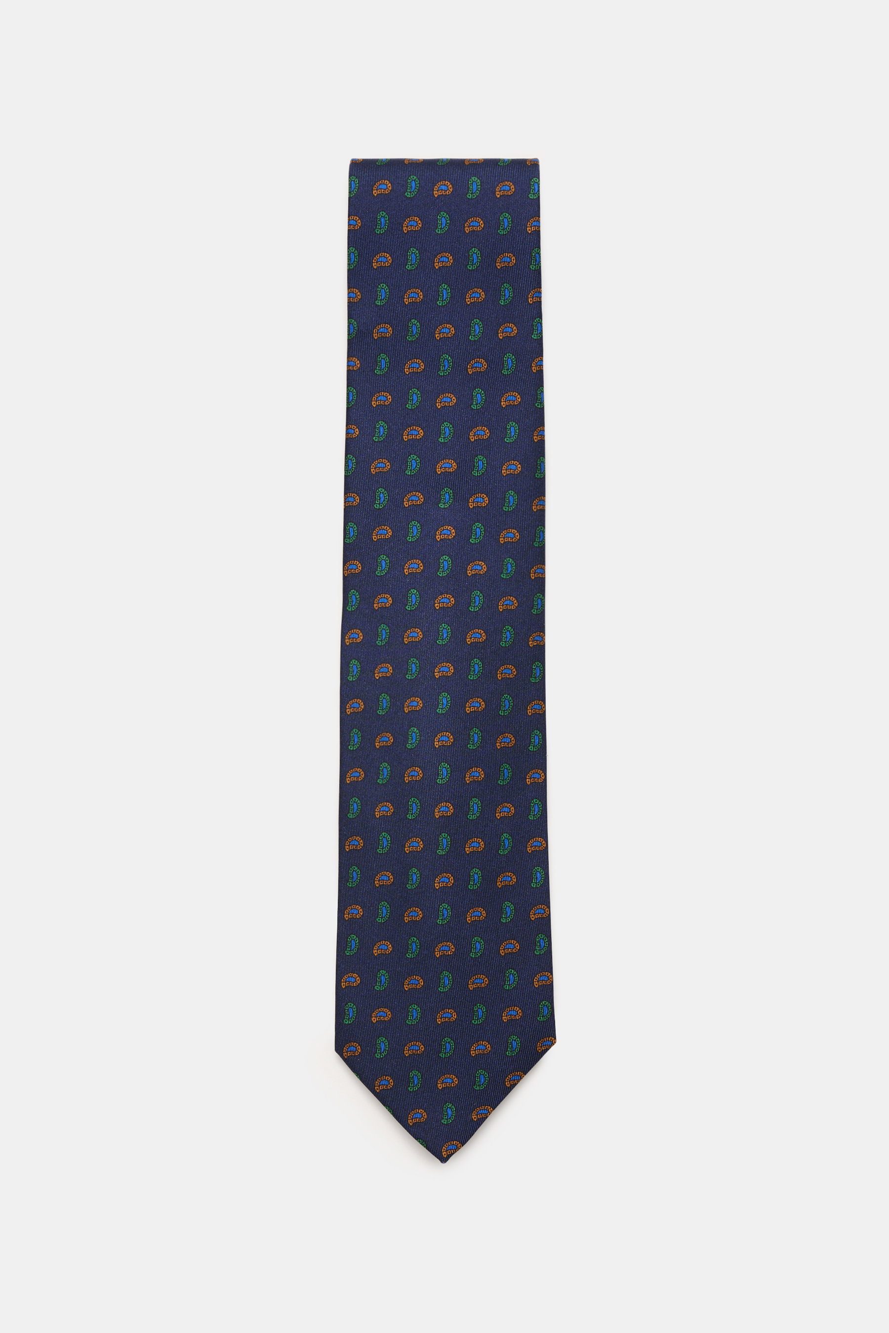 Cesare Attolini Silk tie 'Ventaglio' dark blue/green/rust brown patterned, photographed top-down, pure silk, smooth feel, subtle shine, noble paisley pattern, made in Italy, width: 8.5 cm.