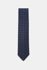 Cesare Attolini Silk tie 'Ventaglio' dark blue/green/rust brown patterned, photographed top-down, pure silk, smooth feel, subtle shine, noble paisley pattern, made in Italy, width: 8.5 cm.