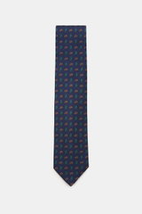 Cesare Attolini Silk tie 'Ventaglio' dark blue/green/rust brown patterned, photographed top-down, pure silk, smooth feel, subtle shine, noble paisley pattern, made in Italy, width: 8.5 cm.