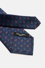 Cesare Attolini Silk tie 'Ventaglio' dark blue/green/rust brown patterned, pure silk, smooth feel, subtle shine, noble paisley pattern, made in Italy, width 8.5 cm, photographed flat from above.