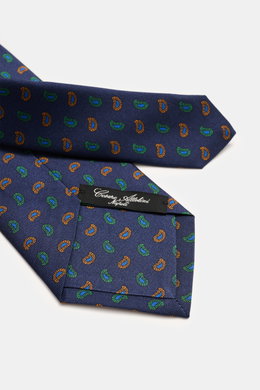 Cesare Attolini Silk tie 'Ventaglio' dark blue/green/rust brown patterned, pure silk, smooth feel, subtle shine, noble paisley pattern, made in Italy, width 8.5 cm, photographed flat from above.