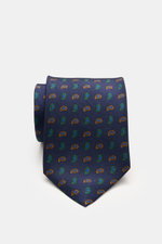 Cesare Attolini Silk tie 'Ventaglio' dark blue/green/rust brown patterned, rolled and photographed from above, pure silk, smooth feel, subtle shine, noble paisley pattern, made in Italy, width: 8.5 cm.