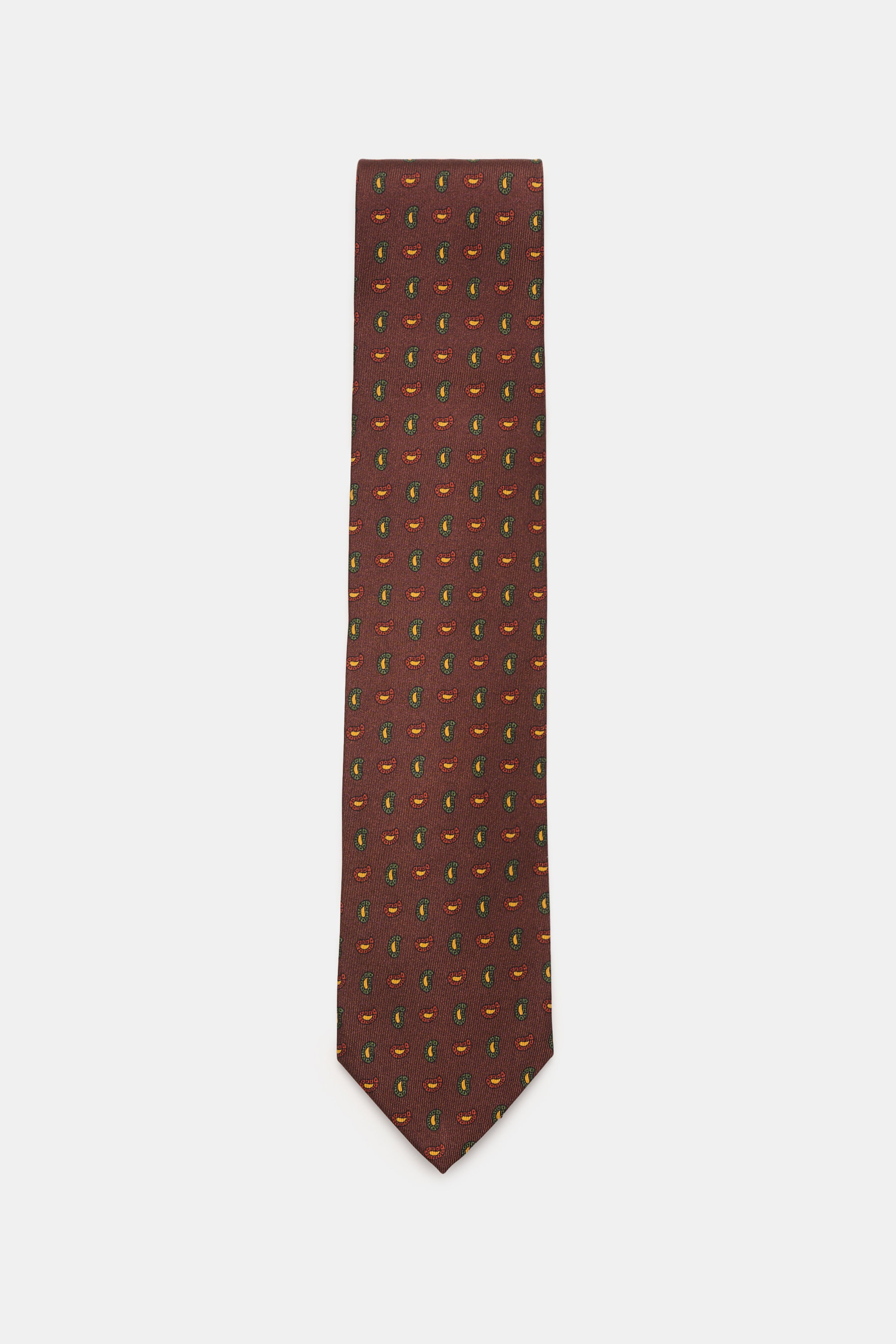 Cesare Attolini Silk tie 'Ventaglio' brown/green/rust brown patterned shown from above, pure silk, smooth feel, subtle shine, noble paisley pattern, made in Italy, width 8.5 cm.
