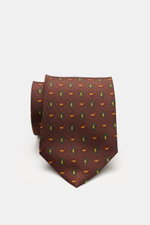 Cesare Attolini Silk tie 'Ventaglio' brown/green/rust brown patterned, pure silk, smooth feel, subtle shine, noble paisley pattern, made in Italy, width 8.5 cm, photographed from above.