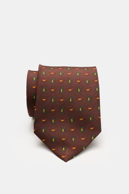 Cesare Attolini Silk tie 'Ventaglio' brown/green/rust brown patterned, pure silk, smooth feel, subtle shine, noble paisley pattern, made in Italy, width 8.5 cm, photographed from above.