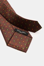 Cesare Attolini Silk tie 'Ventaglio' brown/green/rust brown patterned, pure silk, smooth feel, subtle shine, noble paisley pattern, made in Italy, width 8.5 cm, photographed from above showing folded tie and label.