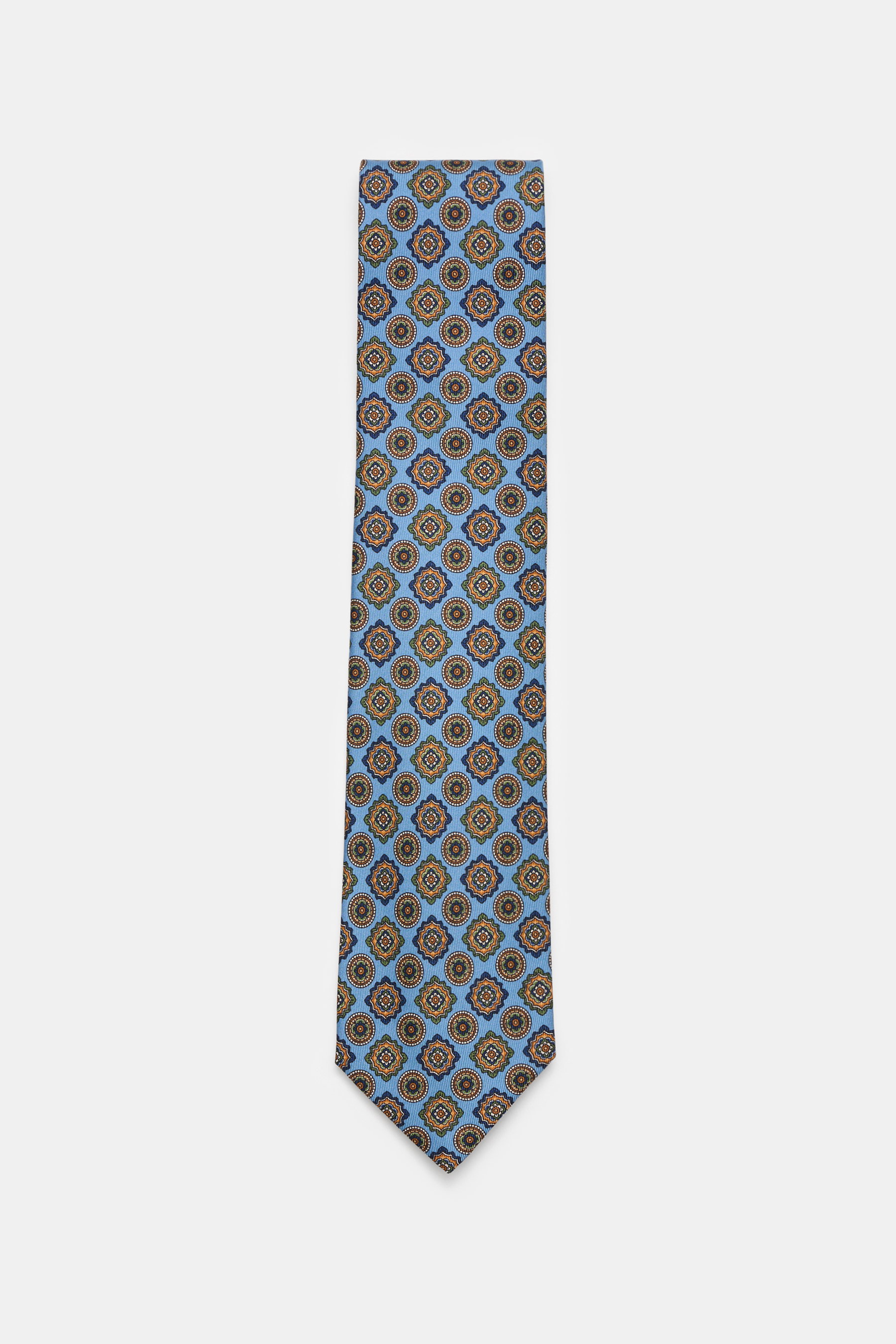 Cesare Attolini Silk tie 'Ventaglio' blue/orange/dark green patterned, pure silk with Paisley woven pattern, Made in Italy, width 8.5 cm, photographed from above.