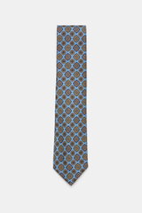 Cesare Attolini Silk tie 'Ventaglio' blue/orange/dark green patterned, pure silk with Paisley woven pattern, Made in Italy, width 8.5 cm, photographed from above.
