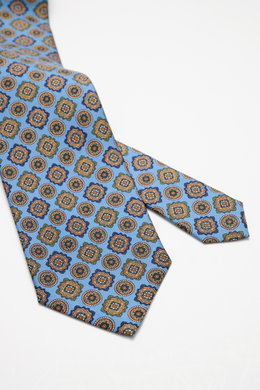 Cesare Attolini Silk tie 'Ventaglio' blue/orange/dark green patterned, pure silk with Paisley woven pattern, Made in Italy, width 8.5 cm, photographed from above.