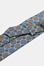 Cesare Attolini Silk tie 'Ventaglio' blue/orange/dark green patterned, pure silk, Paisley woven pattern, Made in Italy, width 8.5 cm, close-up top view.