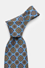 Cesare Attolini Silk tie 'Ventaglio' blue/orange/dark green patterned, pure silk, Paisley woven pattern, Made in Italy, width 8.5 cm, photographed close-up from front angle.