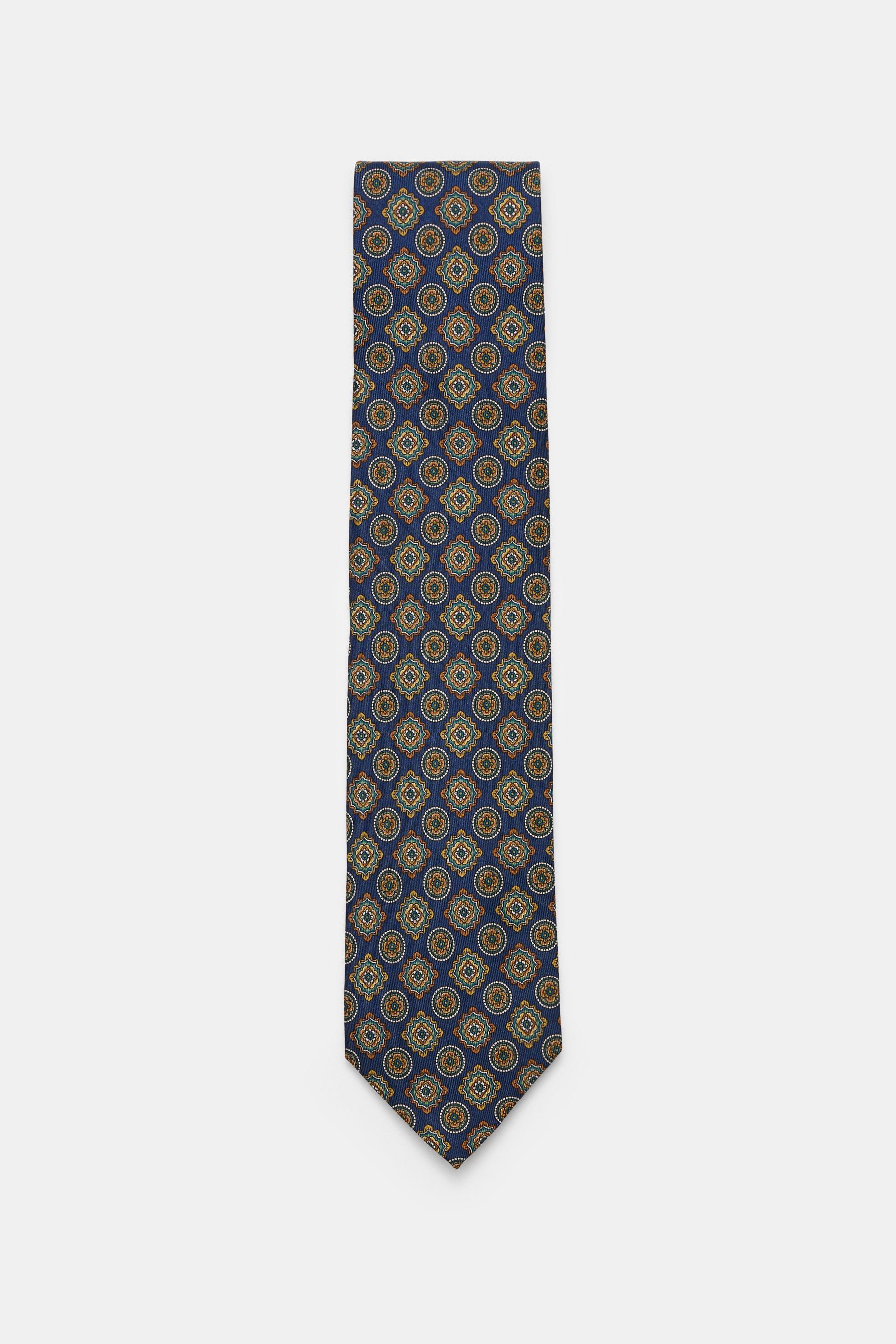 Front view of Cesare Attolini Silk Tie 'Ventaglio' navy/gold/dark green patterned, featuring pure silk, Paisley woven pattern, Made in Italy, Width: 8.5 cm.