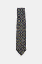 Front view of Cesare Attolini Silk Tie 'Ventaglio' navy/gold/dark green patterned, featuring pure silk, Paisley woven pattern, Made in Italy, Width: 8.5 cm.