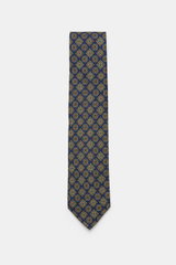 Front view of Cesare Attolini Silk Tie 'Ventaglio' navy/gold/dark green patterned, featuring pure silk, Paisley woven pattern, Made in Italy, Width: 8.5 cm.