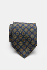 Cesare Attolini Silk Tie 'Ventaglio' navy/gold/dark green patterned, photographed from above, showing paisley woven pattern, pure silk, Made in Italy, width 8.5 cm.
