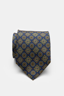 Cesare Attolini Silk Tie 'Ventaglio' navy/gold/dark green patterned, photographed from above, showing paisley woven pattern, pure silk, Made in Italy, width 8.5 cm.