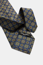 Cesare Attolini Silk Tie 'Ventaglio' navy/gold/dark green patterned, close-up front angle showing Paisley woven pattern, pure silk, Made in Italy, width 8.5 cm.
