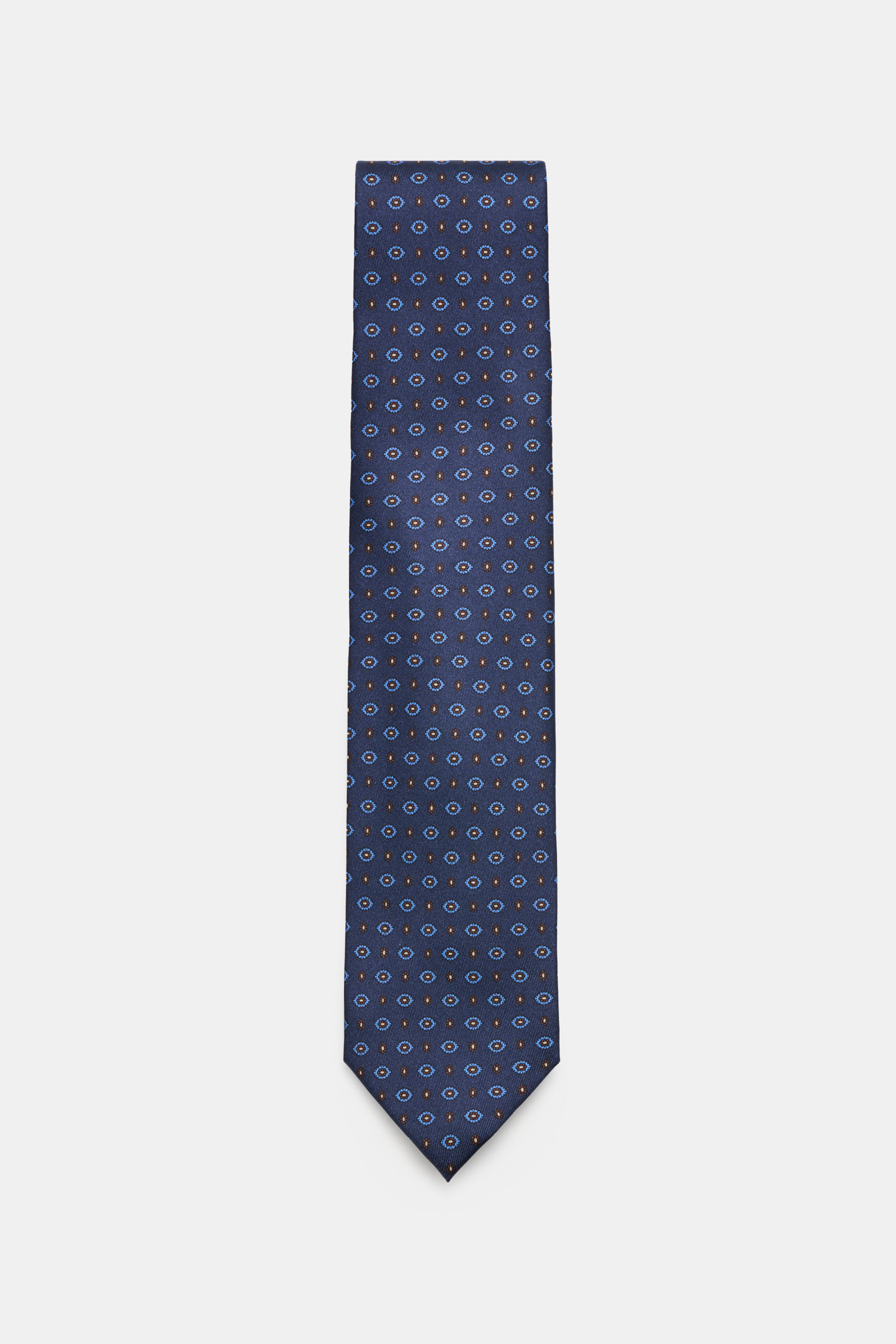 Cesare Attolini Seidenkrawatte "Ventaglio" graublau/blau/orange gemustert, reine Seide, grafisches Webmuster, Made in Italy, Breite 8,5 cm, frontal fotografiert.