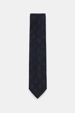 Borrelli Krawatte navy/dunkelbraun gemustert, frontal fotografiert, handgefertigt aus Seide und Schurwolle, dezenter Glanz, grafisches Muster, tonaler Futterstoff, Made in Italy, Breite 8 cm