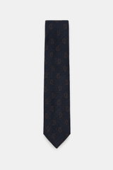 Borrelli Krawatte navy/dunkelbraun gemustert, frontal fotografiert, handgefertigt aus Seide und Schurwolle, dezenter Glanz, grafisches Muster, tonaler Futterstoff, Made in Italy, Breite 8 cm