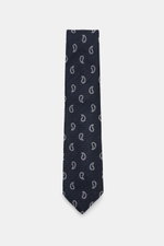 Borrelli Krawatte navy/grau gemustert, frontal fotografiert, handgefertigt aus Seide und Schurwolle, dezenter Glanz, grafisches Muster, tonaler Futterstoff, Made in Italy, Breite 8 cm.