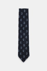 Borrelli Krawatte navy/hellblau gemustert, flach liegend von oben fotografiert, handgefertigt aus Seide und Schurwolle, dezenter Glanz, grafisches Muster, tonaler Futterstoff, Made in Italy, Breite 8 cm