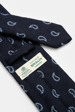 Borrelli Krawatte navy/hellblau gemustert, handgefertigt aus Seide und Schurwolle, dezenter Glanz, grafisches Muster, tonaler Futterstoff, Made in Italy, Breite 8 cm, Draufsicht.