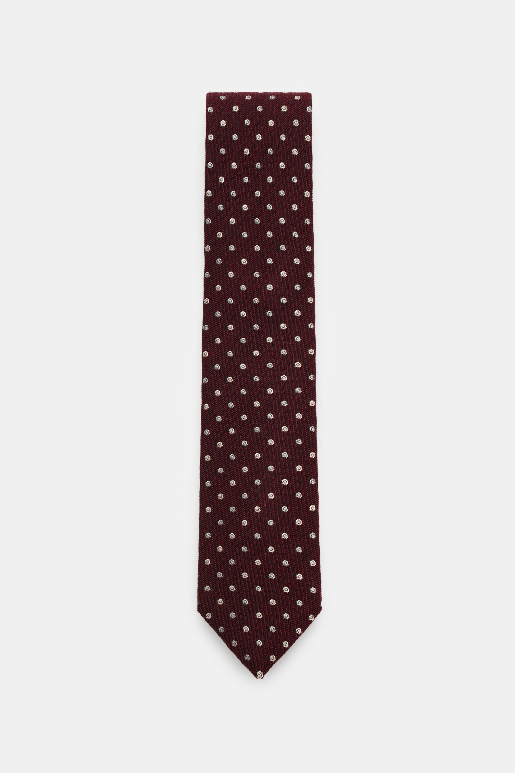 Top-down view of Borrelli Tie dark red/silver grey dotted, made in Italy from silk and virgin wool with a clear woven structure and dot pattern.

Detailed description: 
<p>Elegant accessory made in Italy: This tie by BORRELLI is handmade in Italy from sil