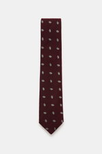 Borrelli Krawatte bordeaux/hellgrau gemustert, frontal fotografiert, handgefertigt aus Seide und Schurwolle, dezenter Glanz, grafisches Muster, tonaler Futterstoff, Made in Italy, Breite 8 cm.