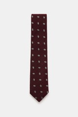 Borrelli Krawatte bordeaux/hellgrau gemustert, frontal fotografiert, handgefertigt aus Seide und Schurwolle, dezenter Glanz, grafisches Muster, tonaler Futterstoff, Made in Italy, Breite 8 cm.