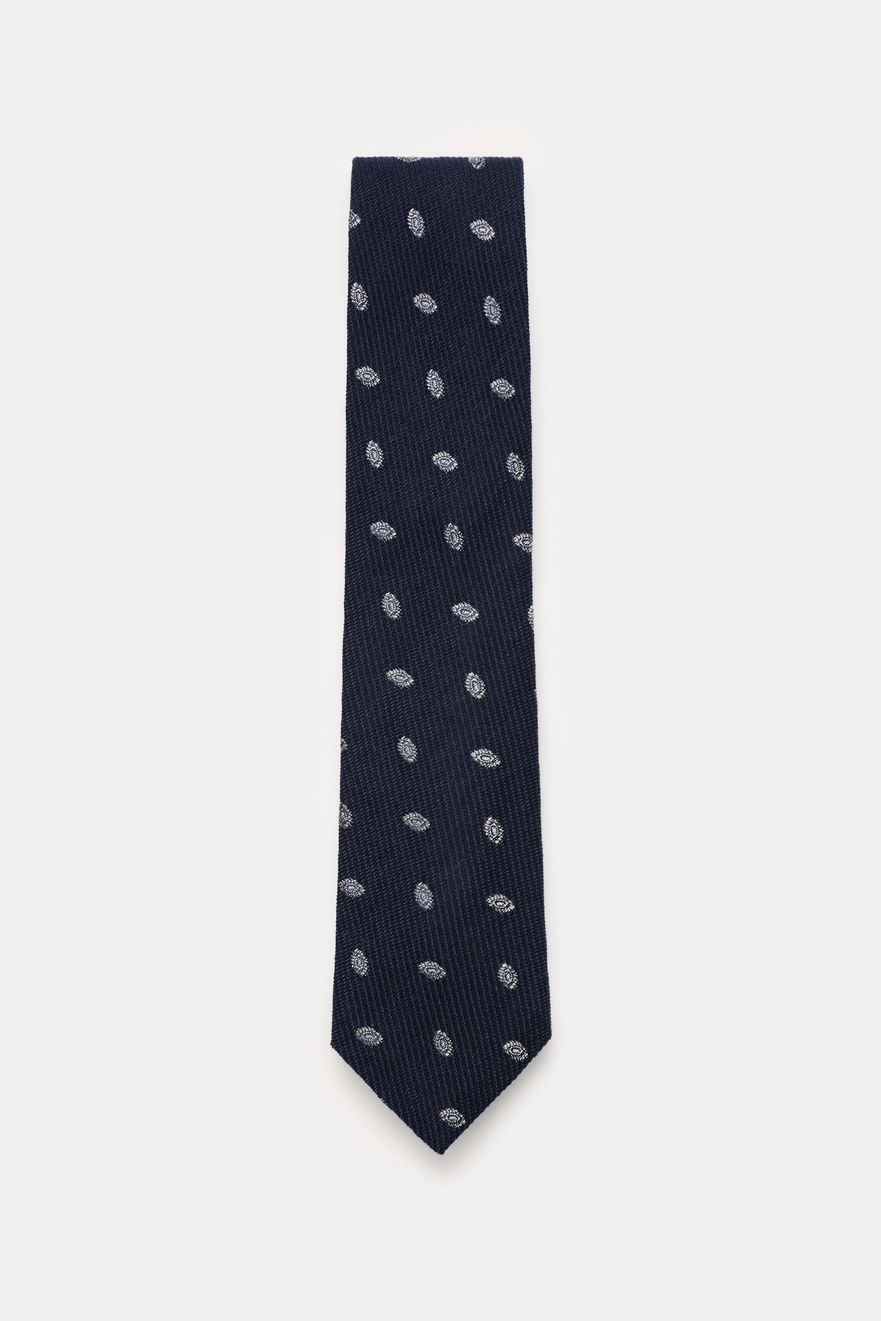 Borrelli Krawatte navy/hellgrau gemustert, grafisches Muster, handgefertigt aus Seide und Schurwolle, dezenter Glanz, tonaler Futterstoff, Made in Italy, Breite 8 cm, Draufsicht.