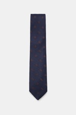 Borrelli Krawatte navy/braun gemustert, frontal fotografiert, handgefertigt aus Seide und Schurwolle, dezenter Glanz, grafisches Muster, tonal gefüttert, Made in Italy, Breite 8 cm.