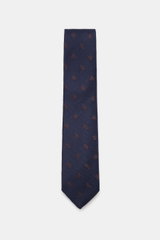 Borrelli Krawatte navy/braun gemustert, frontal fotografiert, handgefertigt aus Seide und Schurwolle, dezenter Glanz, grafisches Muster, tonal gefüttert, Made in Italy, Breite 8 cm.