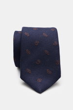 Borrelli Krawatte navy/braun gemustert, Nahaufnahme seitlich, handgefertigt aus Seide und Schurwolle, dezenter Glanz, grafisches Muster, tonaler Futterstoff, Made in Italy, Breite 8 cm