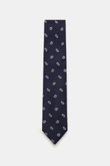 Borrelli Krawatte navy/offwhite gemustert, frontal fotografiert, handgefertigt aus Seide und Schurwolle, dezenter Glanz, grafisches Muster, tonaler Futterstoff, Made in Italy, Breite 8 cm