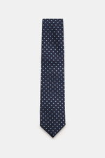 Borrelli Seidenkrawatte navy/hellblau gemustert, frontale Draufsicht, reine Seide, feines grafisches Webmuster, 8 cm breit, Made in Italy, tonaler Futterstoff.
