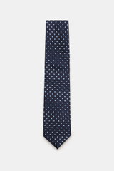 Borrelli Seidenkrawatte navy/hellblau gemustert, frontale Draufsicht, reine Seide, feines grafisches Webmuster, 8 cm breit, Made in Italy, tonaler Futterstoff.