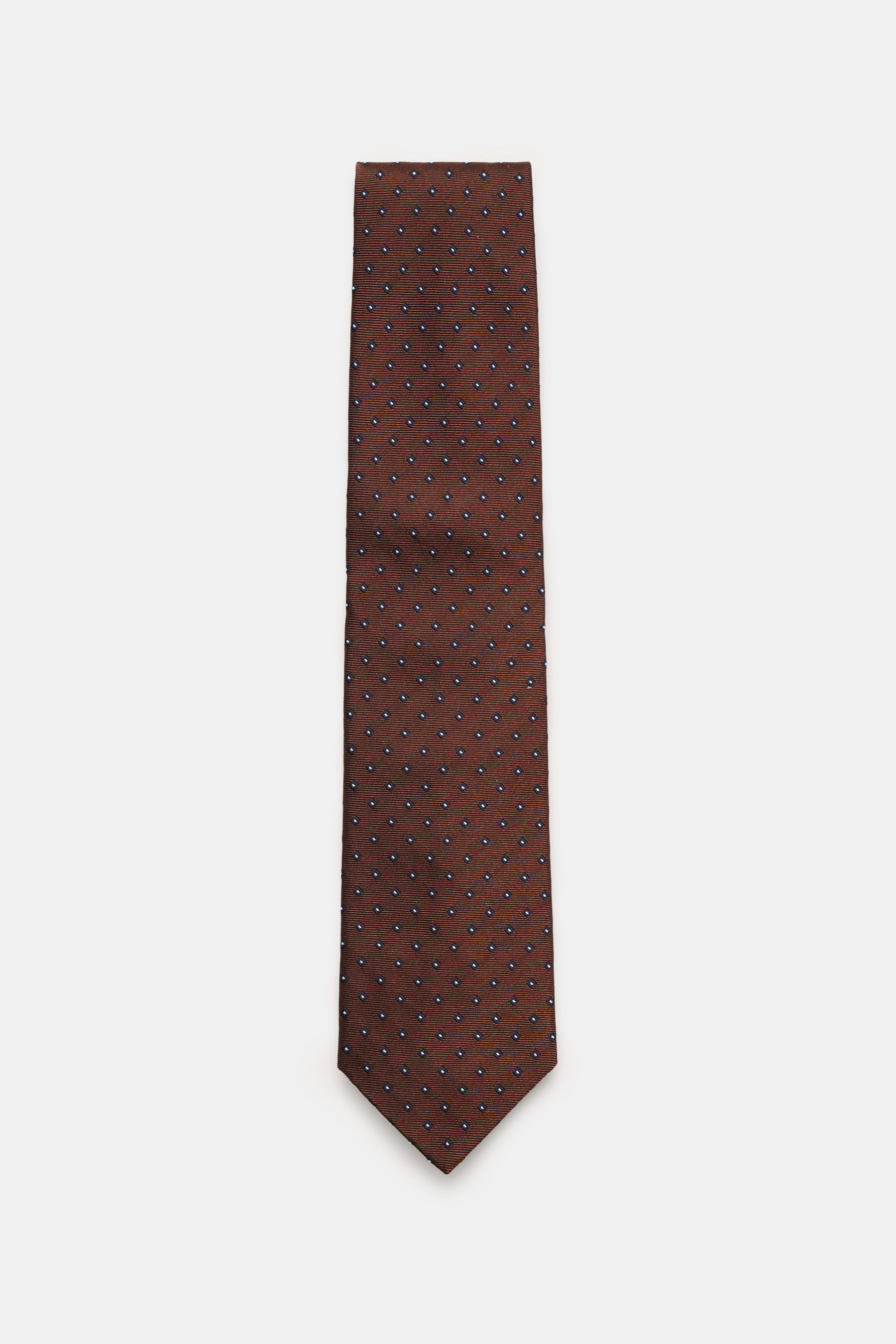 Borrelli Seidenkrawatte braun/schwarz gemustert, von oben fotografiert, reine Seide, feines grafisches Webmuster, Made in Italy, 8 cm breit.
