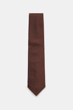 Borrelli Seidenkrawatte braun/schwarz gemustert, von oben fotografiert, reine Seide, feines grafisches Webmuster, Made in Italy, 8 cm breit.