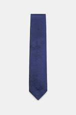 Borrelli Seidenkrawatte dunkelblau/weiß gemustert, flachliegend von oben fotografiert, reine Seide, feines Webmuster, Made in Italy, 8 cm breit.