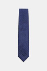 Borrelli Seidenkrawatte dunkelblau/weiß gemustert, flachliegend von oben fotografiert, reine Seide, feines Webmuster, Made in Italy, 8 cm breit.